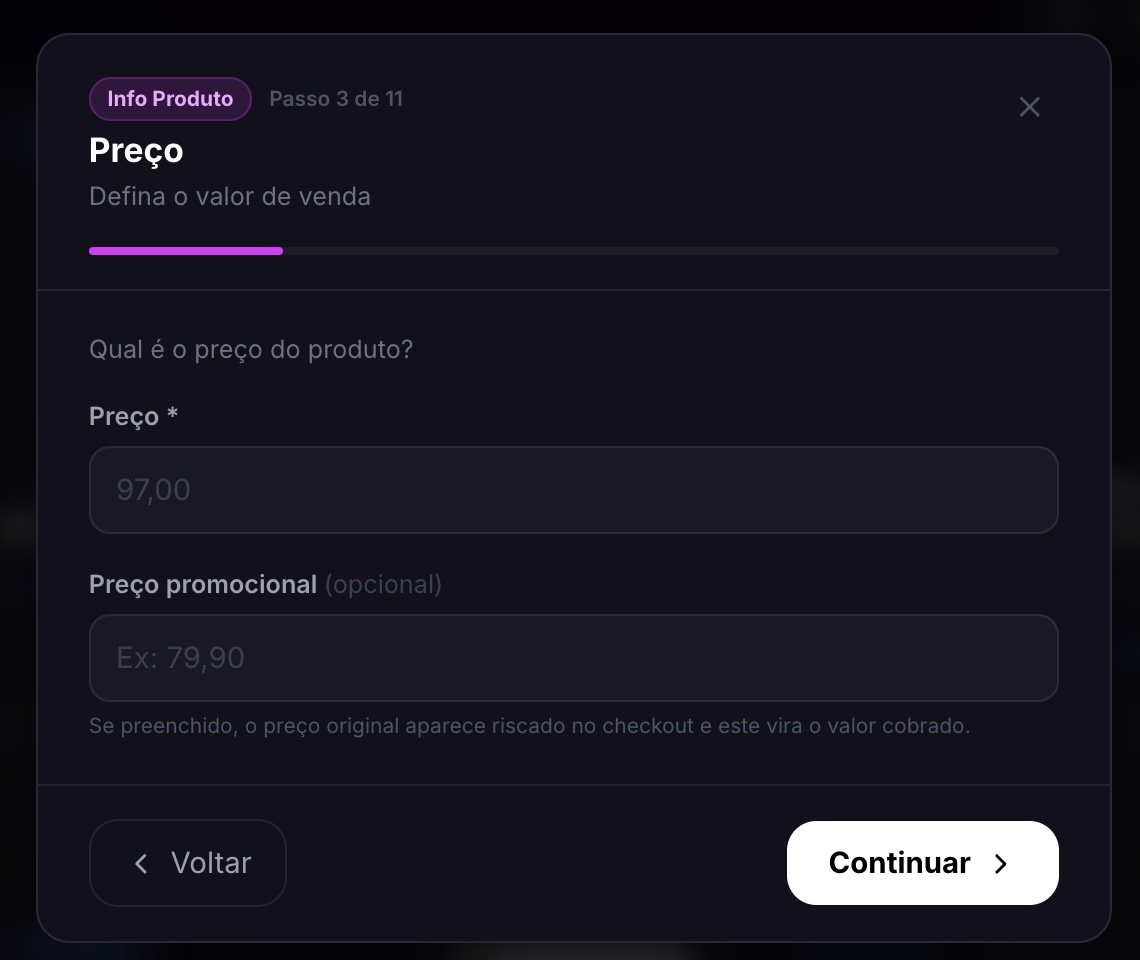 Definição de preço do produto na Ezfy