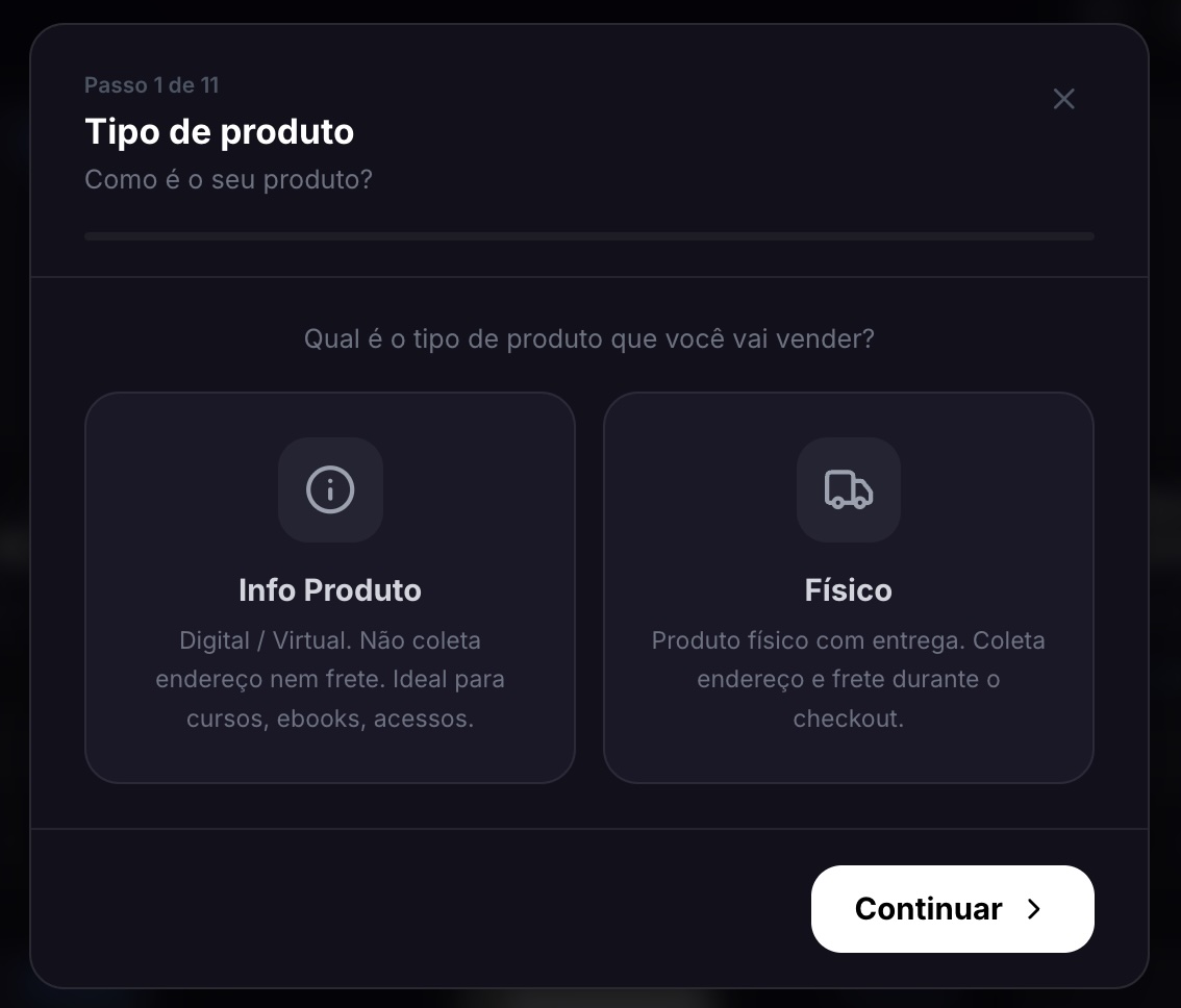 Escolha do tipo de produto na Ezfy