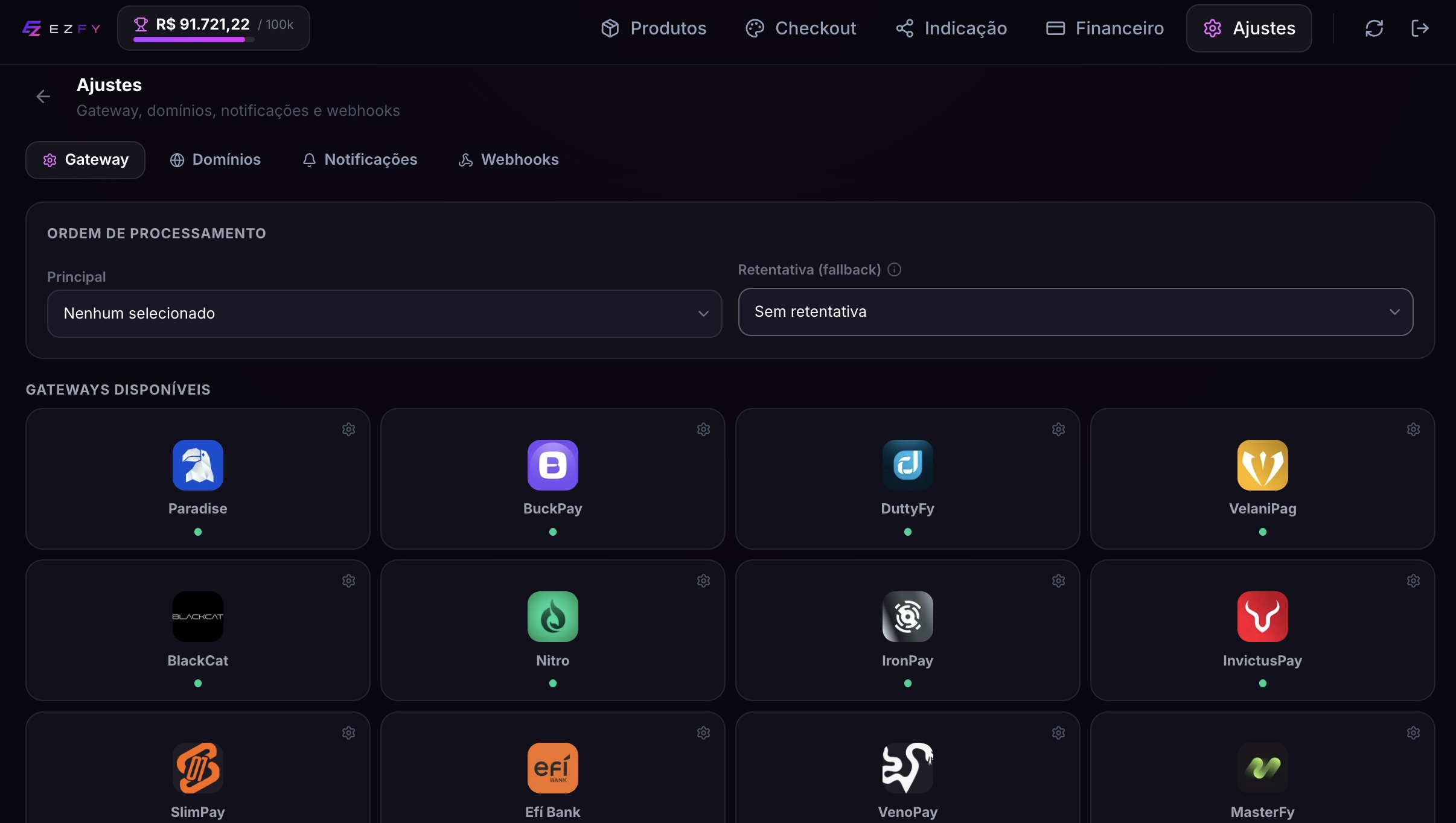 Configuração de gateways e retentativa de pagamento na Ezfy